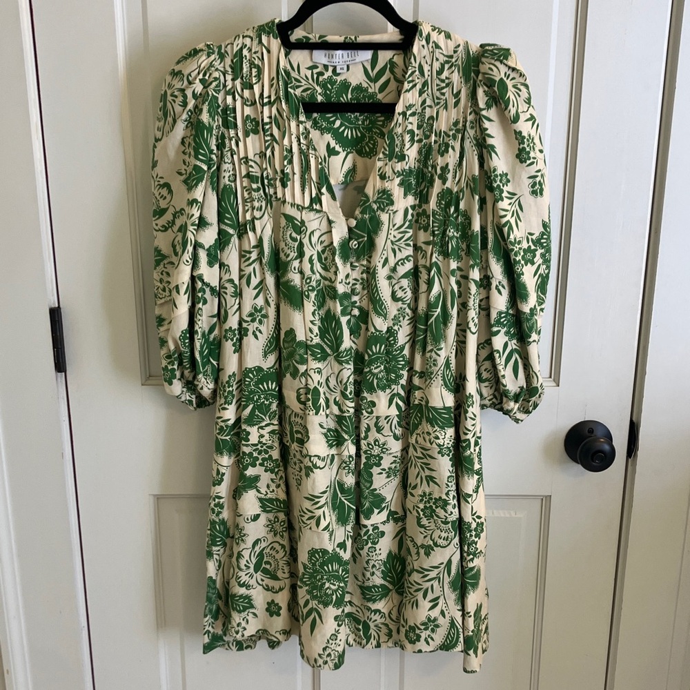 HUNTER BELL Cream and Green Floral Puff-Sleeve Dress